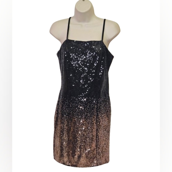 IRIS Black & Gold Ombre Sequin Cocktail Strappy Mini Dress,Medium - Picture 9 of 16